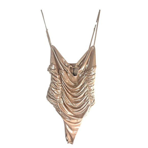 ZARA Shimmer Ruched Bodysuit XL Metallic Shiny Gold Polyester/Elastane NWT - Picture 6 of 15